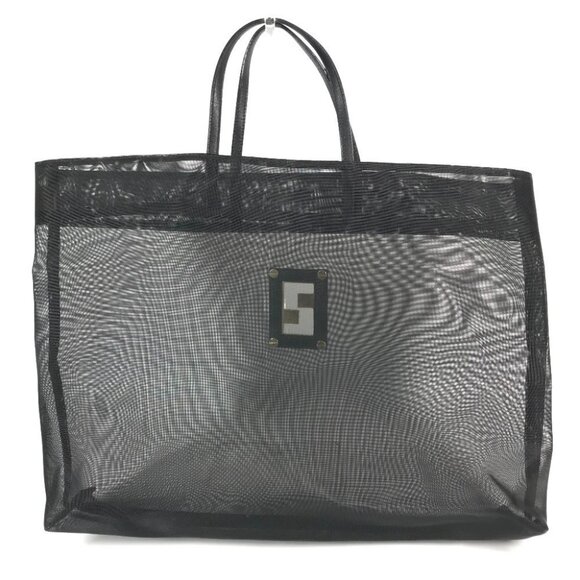 FENDI FF logo mesh big Tote Bag Beach bag Hand Bag Nylon mesh / Leather Black - Picture 10 of 13